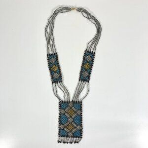 Native American Blue Silver Gold Hand Beaded Necklace Argyle Diamond Pattern